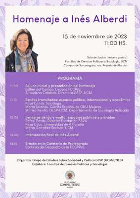 Homenaje a Inés Alberdi. Miércoles, 15 de noviembre. 11.00 horas. Sala de Juntas de la Facultad de Ciencias Políticas y Sociología